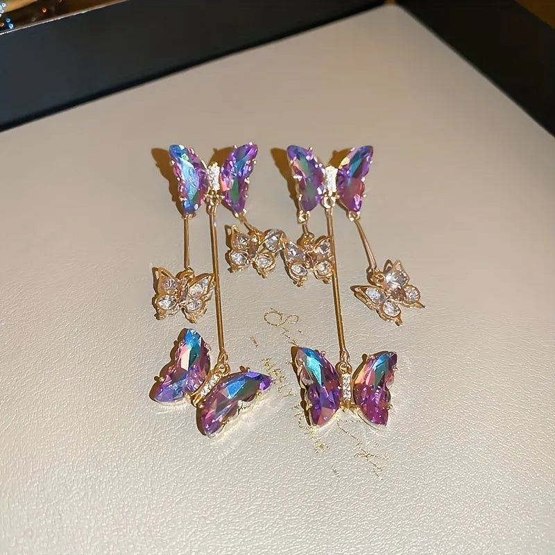 Blue purple butterfly tassel drop earrings with silver needle crystal flowers for women
