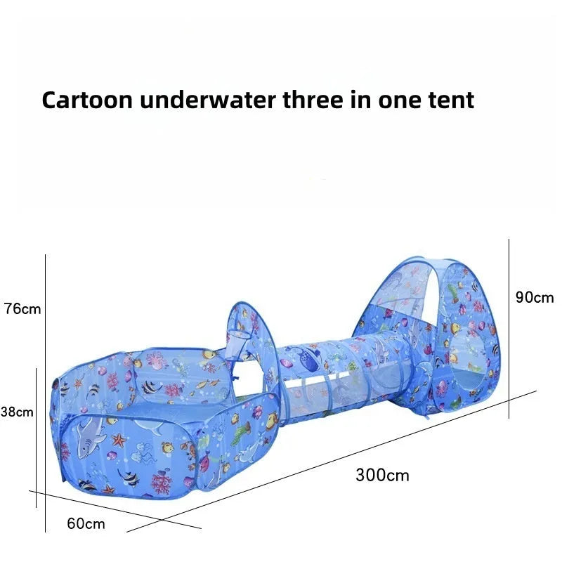 Underwater World themed children's cloth tent with integrated ball pool and crawl tunnel.
