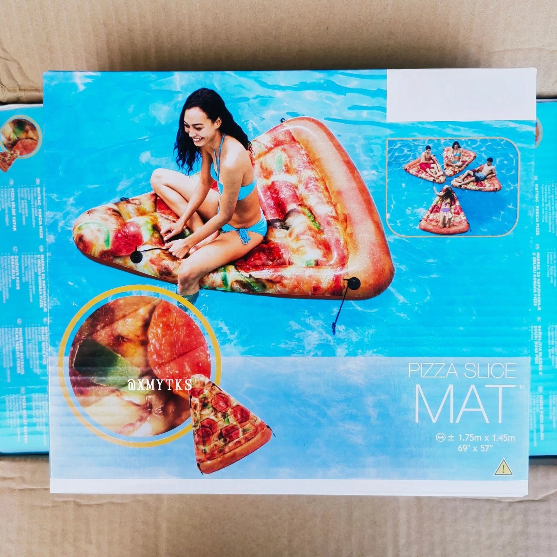 Pizza-themed inflatable surfboard recliner measuring 175cm long for water lounging