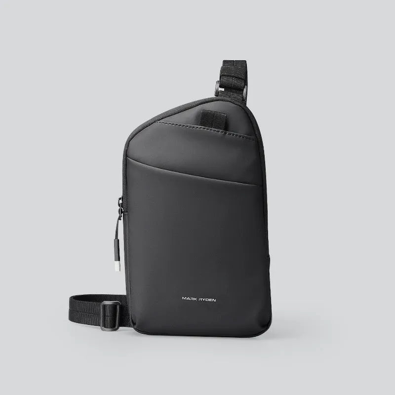 Men's black Oxford cloth crossbody bag with reinforced sewing thread construction
