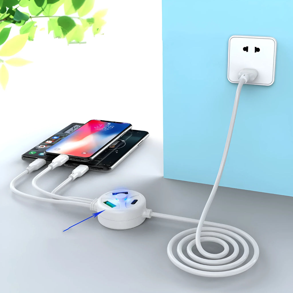 PD PVC mobile phone charging cable with three connector branches showing USB, Mini USB, Micro USB, and TYPE-C interfaces