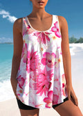 Pink printed plus-size tankini swimsuit with high-waist briefs and tankini top