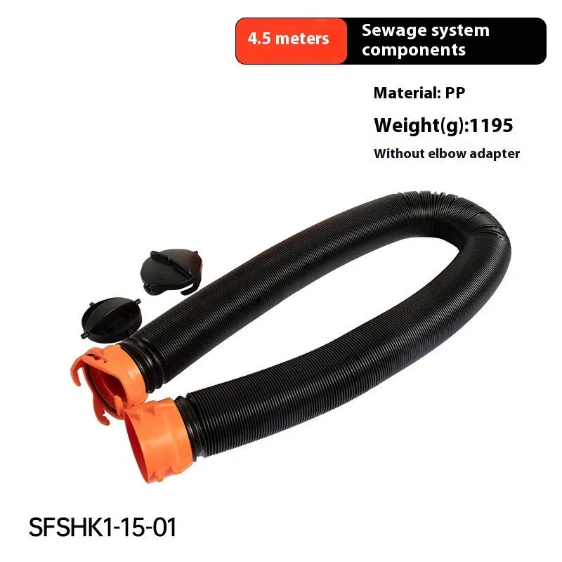90 degree sewage hose with rotary elbow joint in PP or TPE material showing connector options