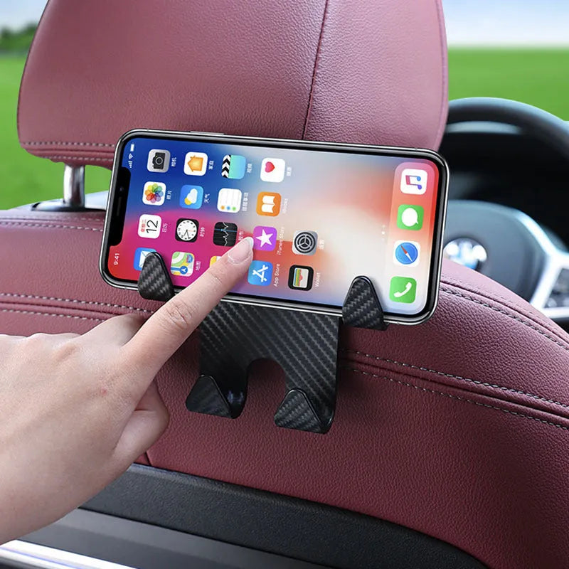 Black car multifunction hook bracket with integrated phone holder for rear seat storage organisation