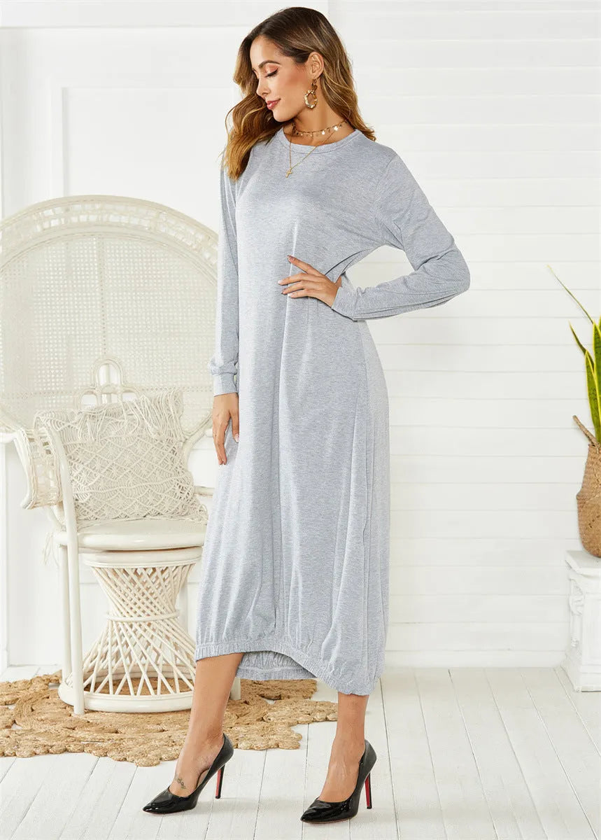 Loose fit lace-up crew neck lantern dress in black with Japanese Korean casual style