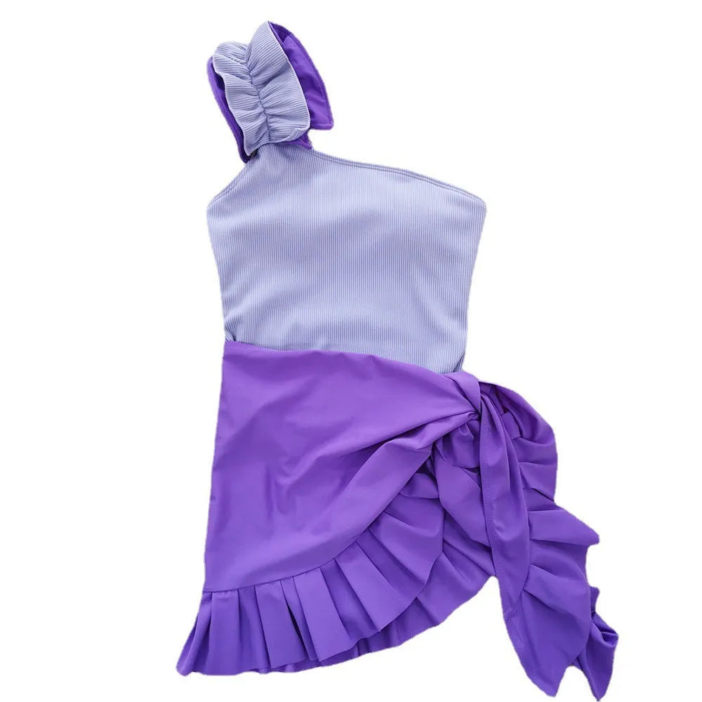 Single-shoulder suspender tube top one-piece swimsuit for women in solid colour with high-waist design