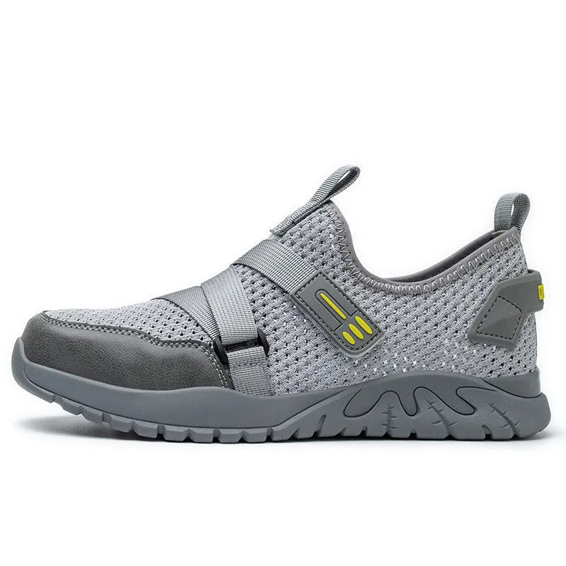 Men's grey insulation safety shoes with flying woven upper and rubber sole for work protection
