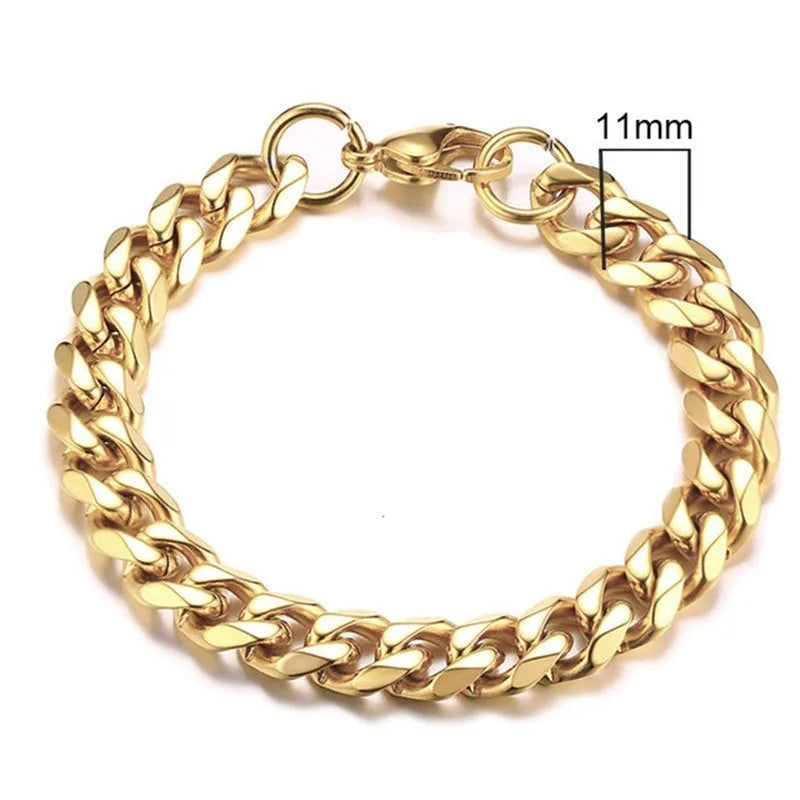 Six-sided gold Cuban link chain bracelet with geometric metal links available in multiple widths