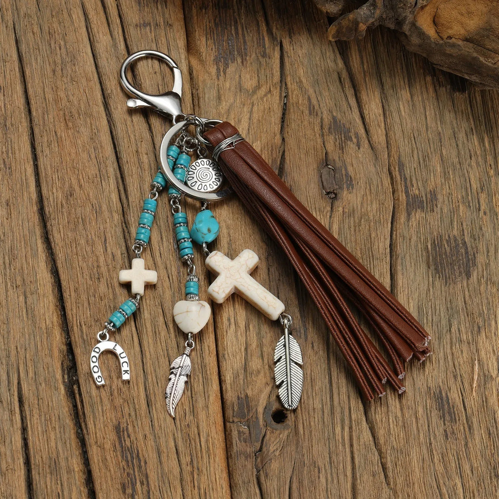 Cross leather rope tassel pendant keychain in retro alloy finish colour XY-3669