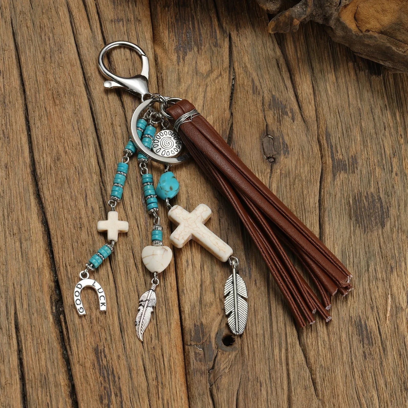 Cross leather rope tassel pendant keychain in retro alloy finish colour XY-3669
