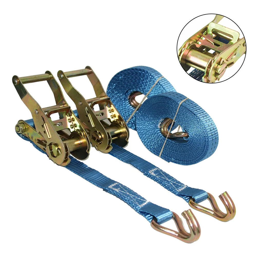 Steel and polyester double hook ratchet tensioner strap for cargo and furniture moving.
