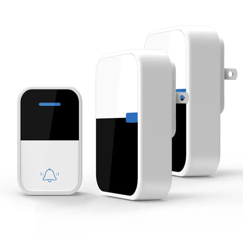 Modern white wireless doorbell with receiver and transmitter units showing long-range 150m coverage