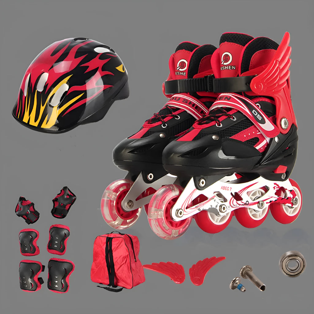 Children's adjustable inline skates with aluminium frame, PU foam wheels, helmet, protective gear, and backpack in multiple colours