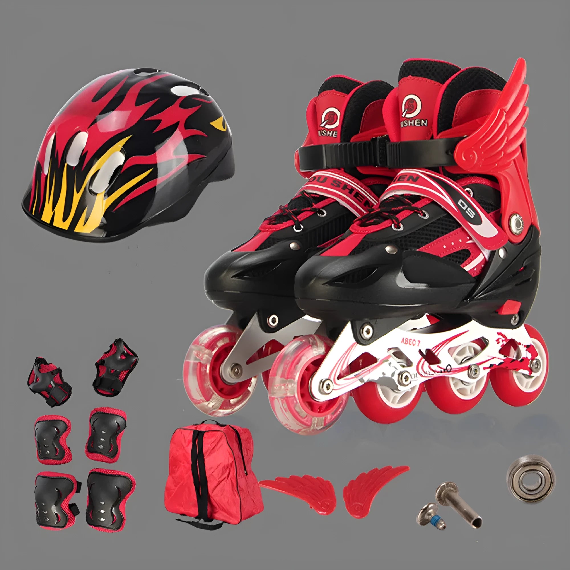 Children's adjustable inline skates with aluminium frame, PU foam wheels, helmet, protective gear, and backpack in multiple colours