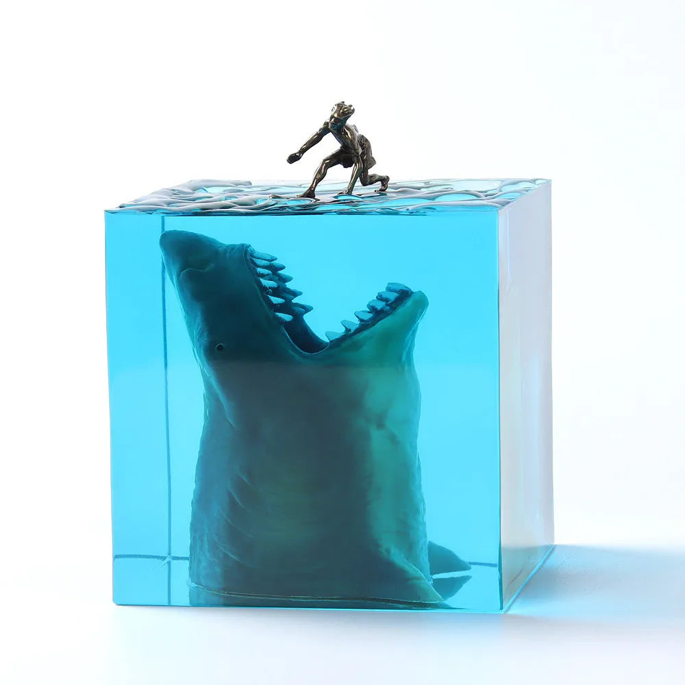 Shark surfing micro landscape night light in clear resin with lamp holder available in 5cm and 8cm sizes