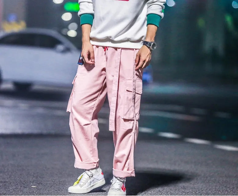 Influx men's loose fit Harajuku style cargo trousers in black with drawstring waist