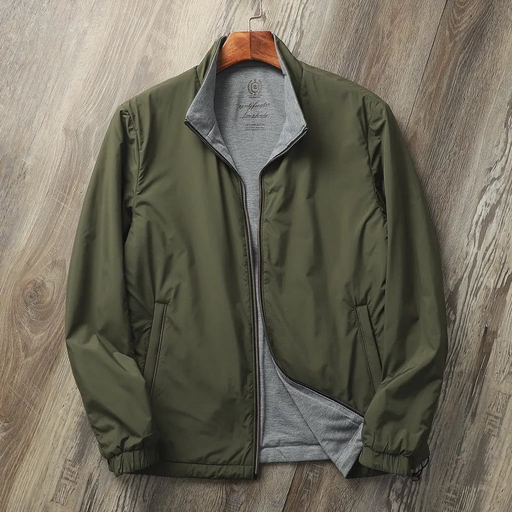 Men's stand collar casual jacket in Army Green, showing simple design and regular fit.