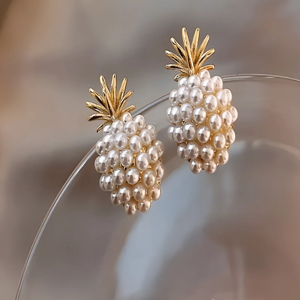 Korean style pineapple starfish pearl earrings in electroplated alloy with gemstone inlay