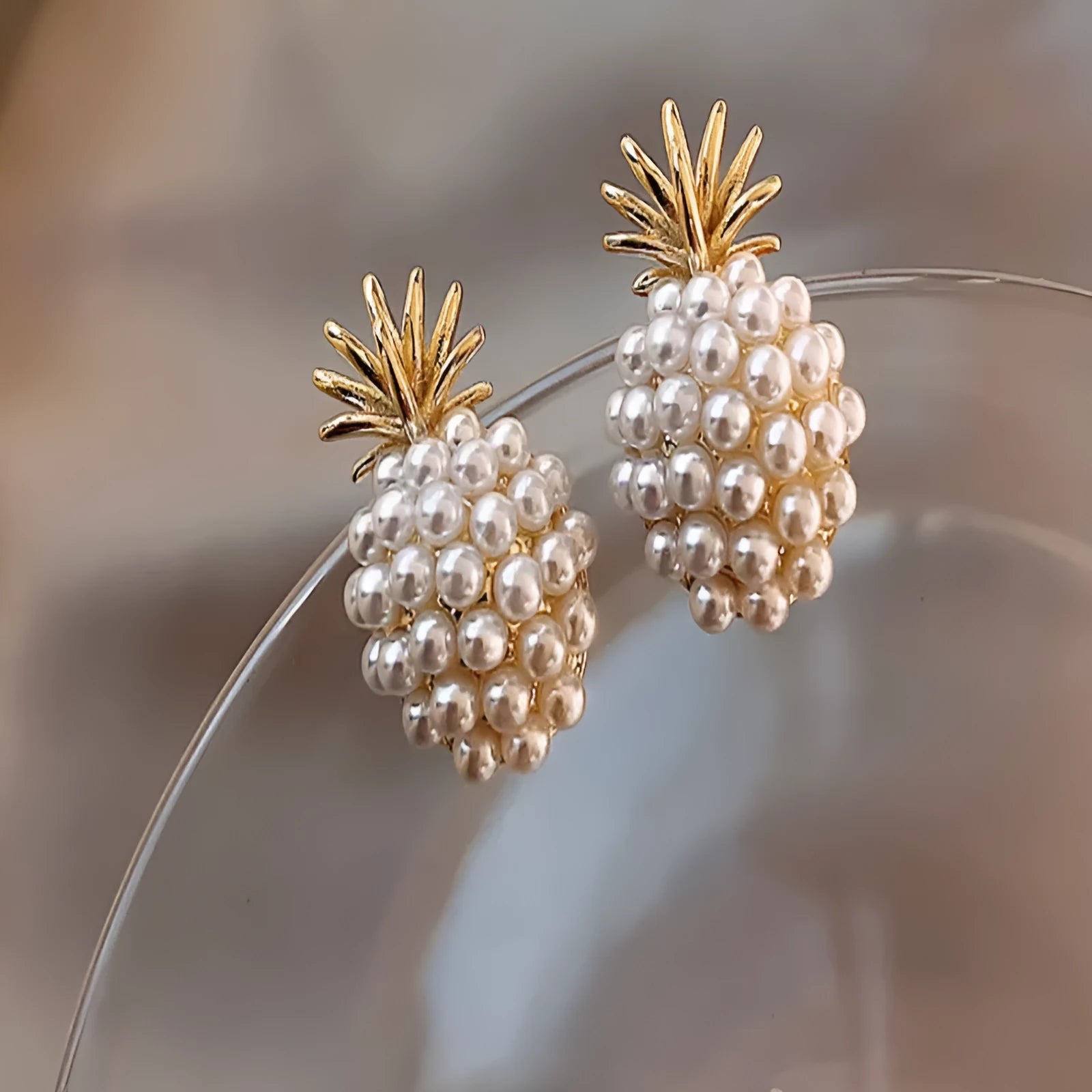 Korean style pineapple starfish pearl earrings in electroplated alloy with gemstone inlay