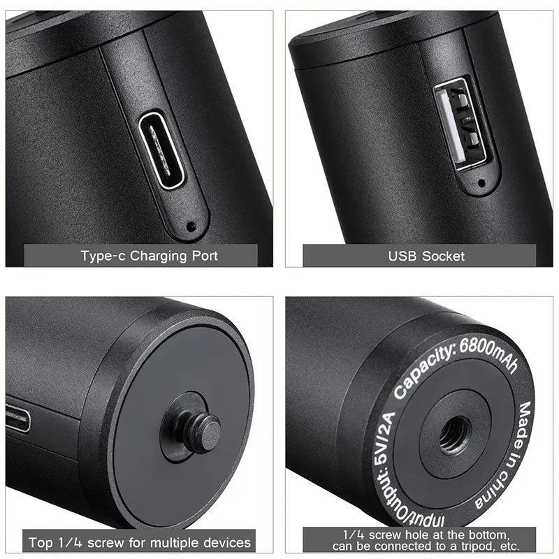 Black aluminium alloy portable power bank with 6800mAh capacity and carrying handle