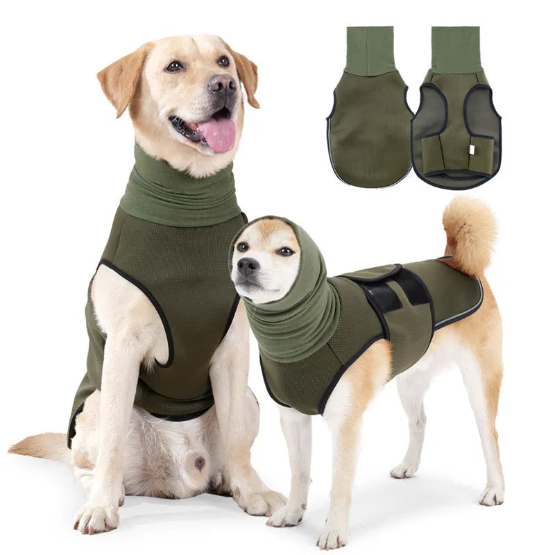 Army green polyester dog calming jacket for anxiety relief with gentle pressure design