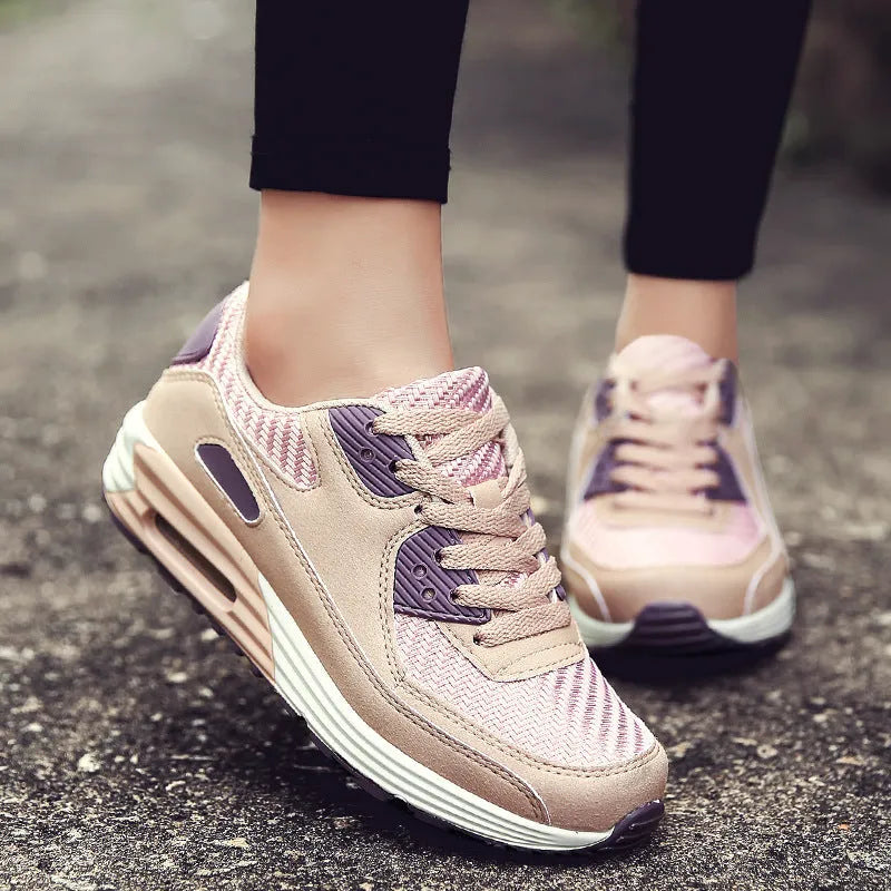 Women's casual shoes with a low heel in beige, grey, and pink colour options showing size chart.
