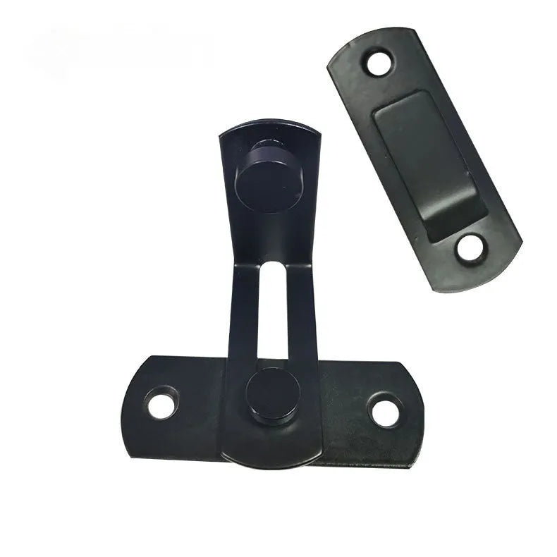 Black carbon steel and stainless steel sliding door lock with a 90-degree latch and flat shackle.