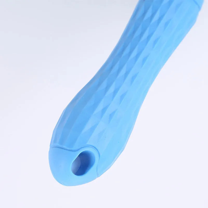 Blue pet self-cleaning comb with thick steel needles on a white background, showing ergonomic TPR handle