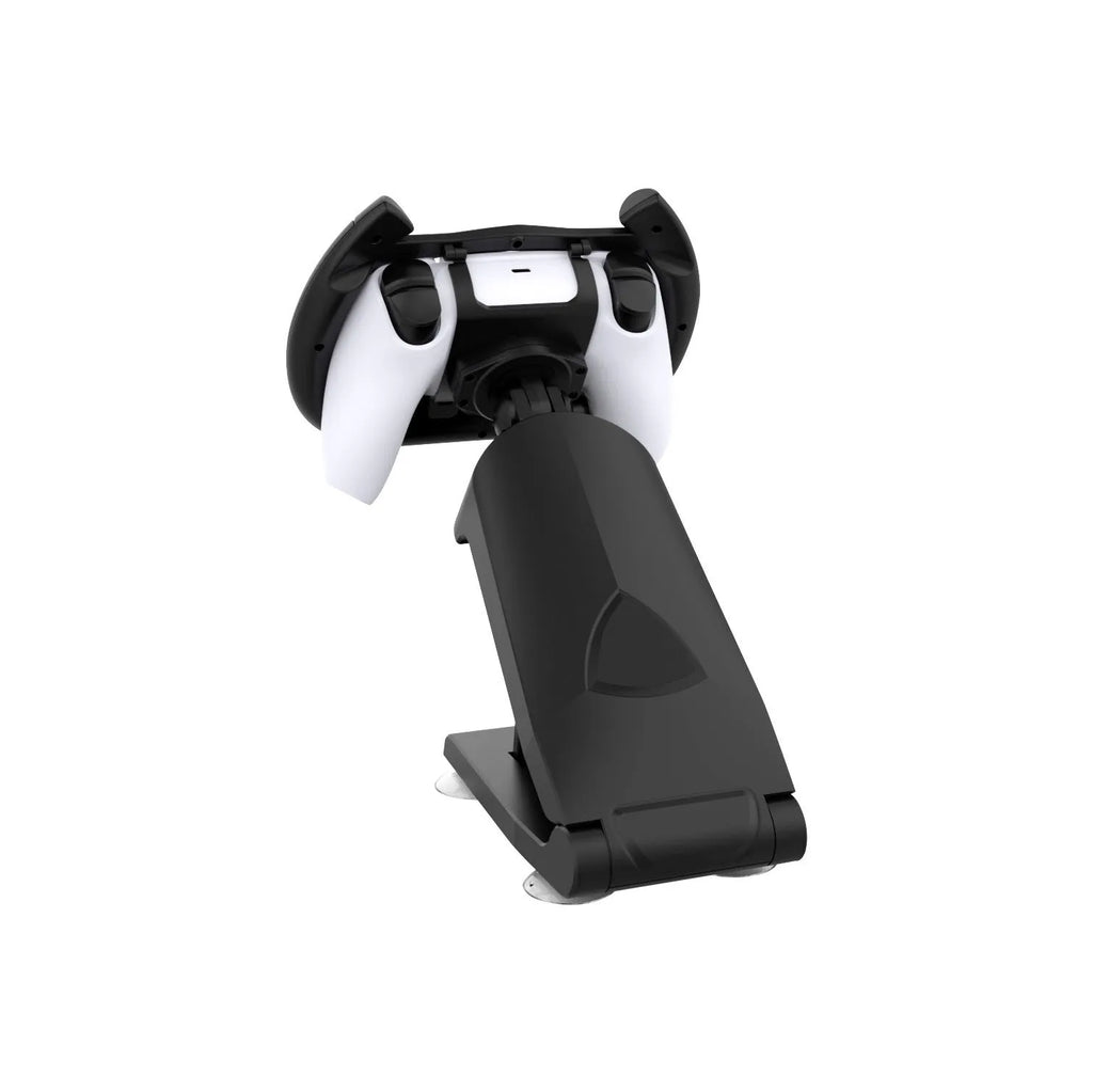 Black ABS plastic gamepad steering wheel bracket with suction cup mount holding a mobile phone.