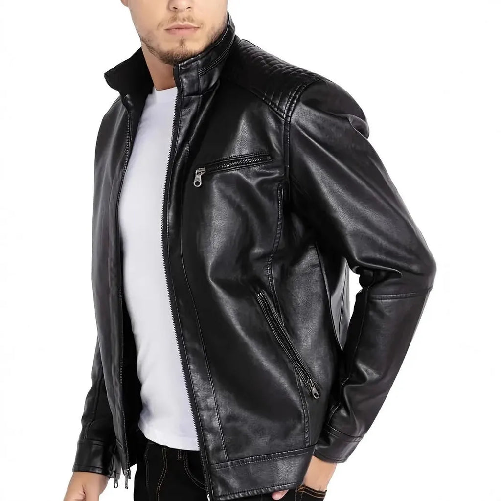 Men's brown artificial leather punk motorcycle jacket with a stand collar.