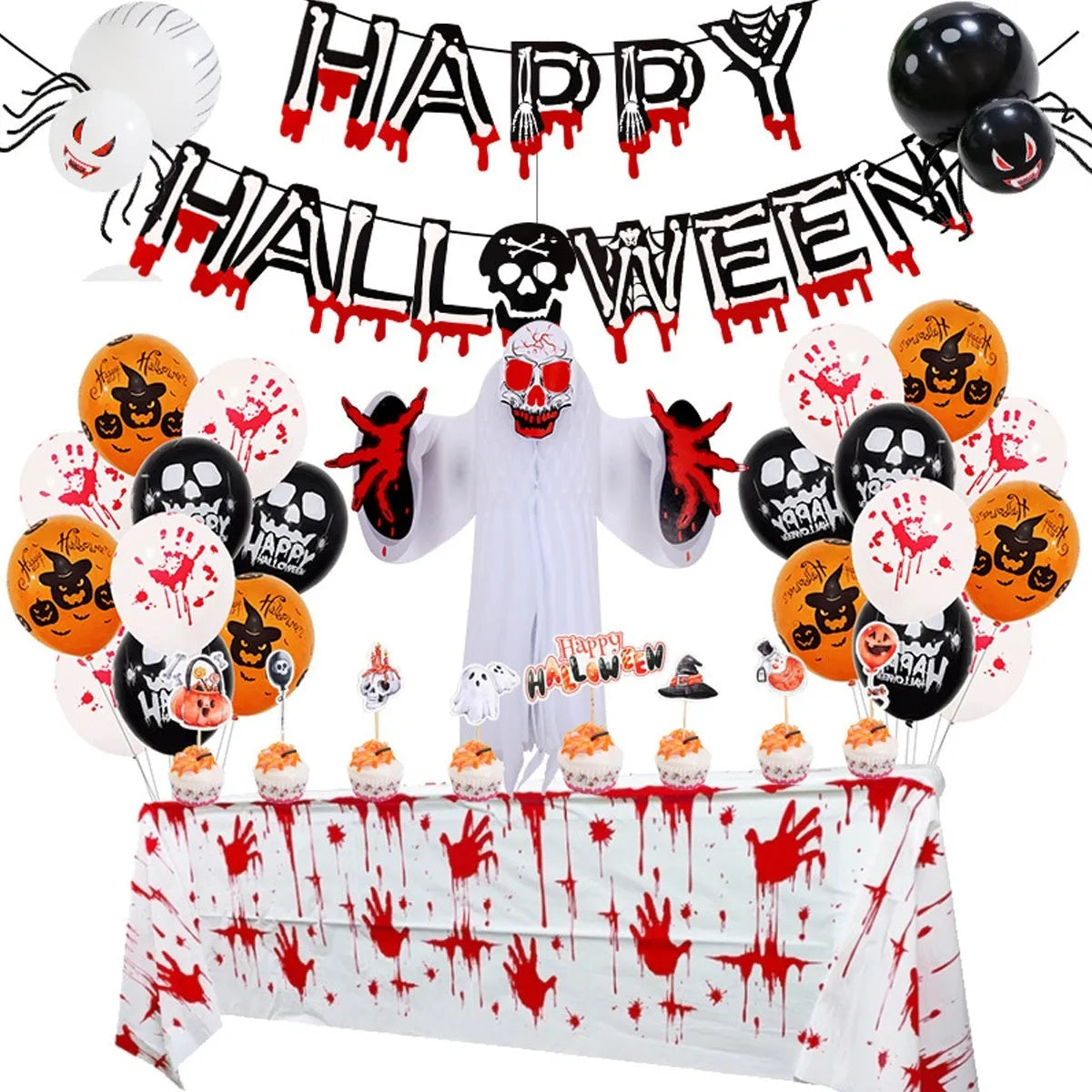 Halloween spider balloon arch decoration set with skull and pumpkin ornaments in white and black colours