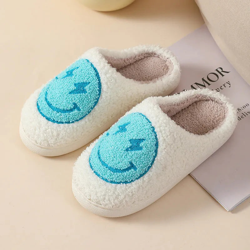Adult women's plush cartoon pattern slippers with round toe and non-slip PVC sole