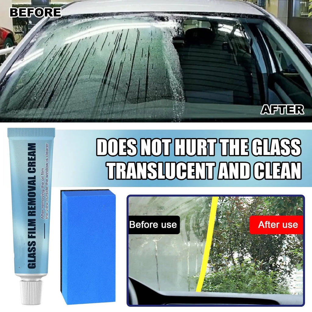 Blue packaged car glass oil film remover bottle and sponge for cleaning windscreens and windows