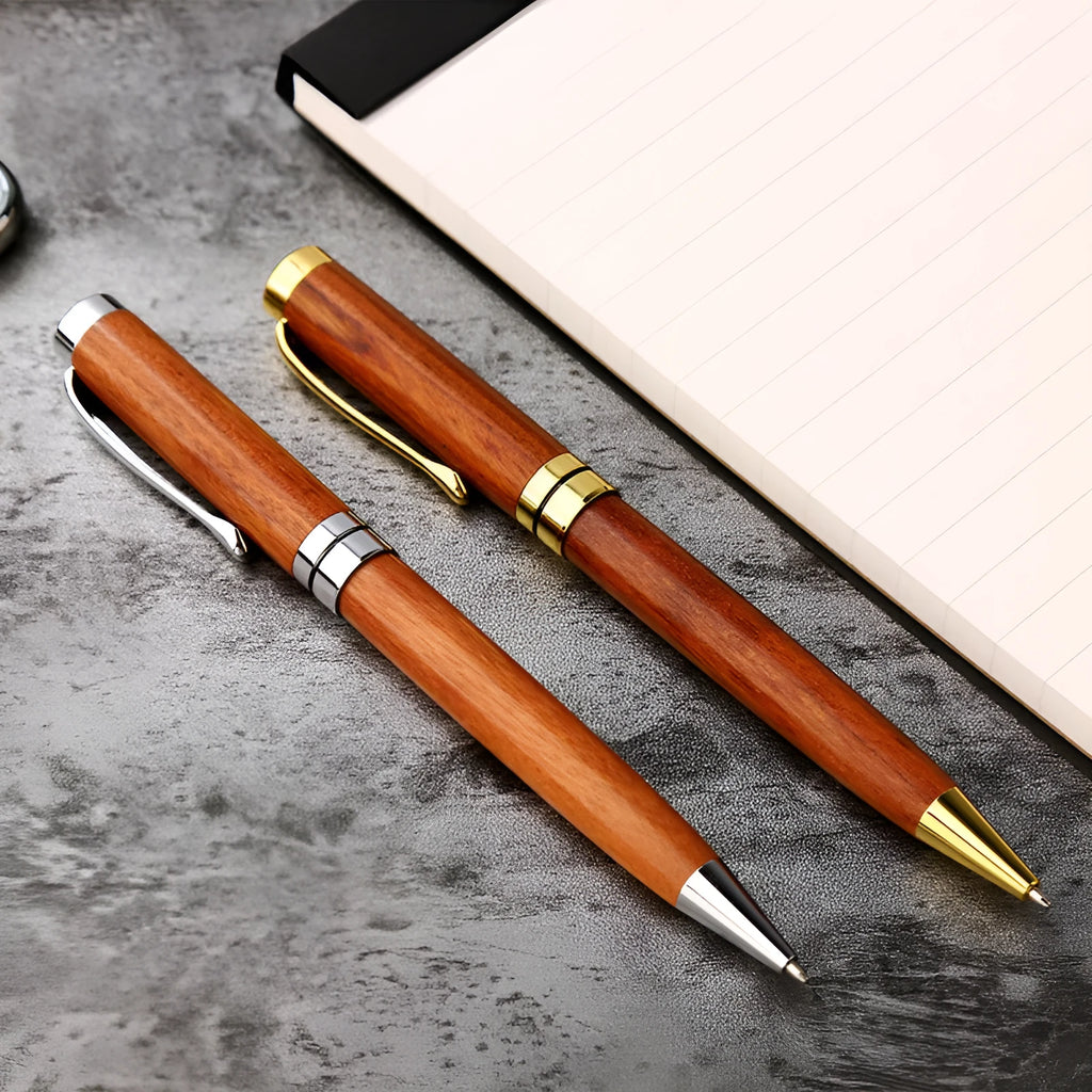 Wooden metal ballpoint pen with rosewood barrel on desk surface, 14cm length, gold colour option