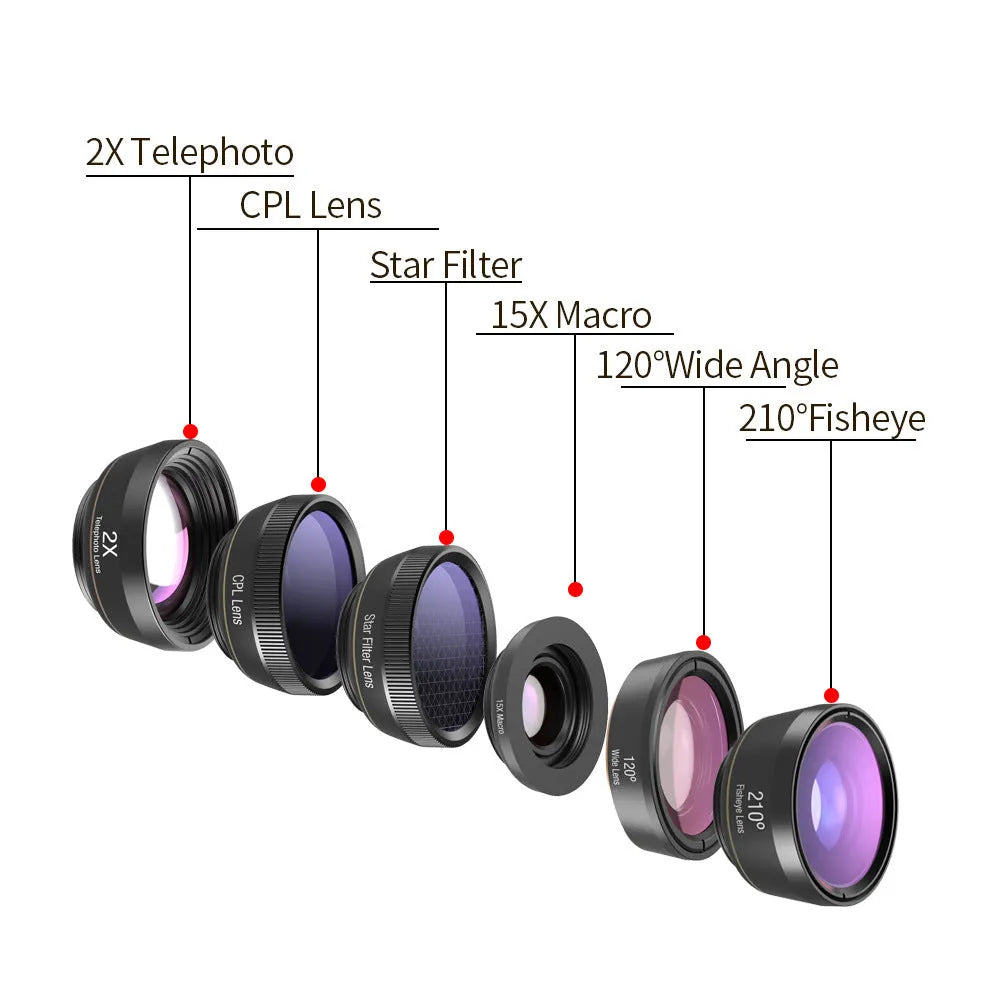 6-in-1 universal smartphone camera lens kit showing fisheye, wide angle, macro and telephoto lenses in black aluminium housings