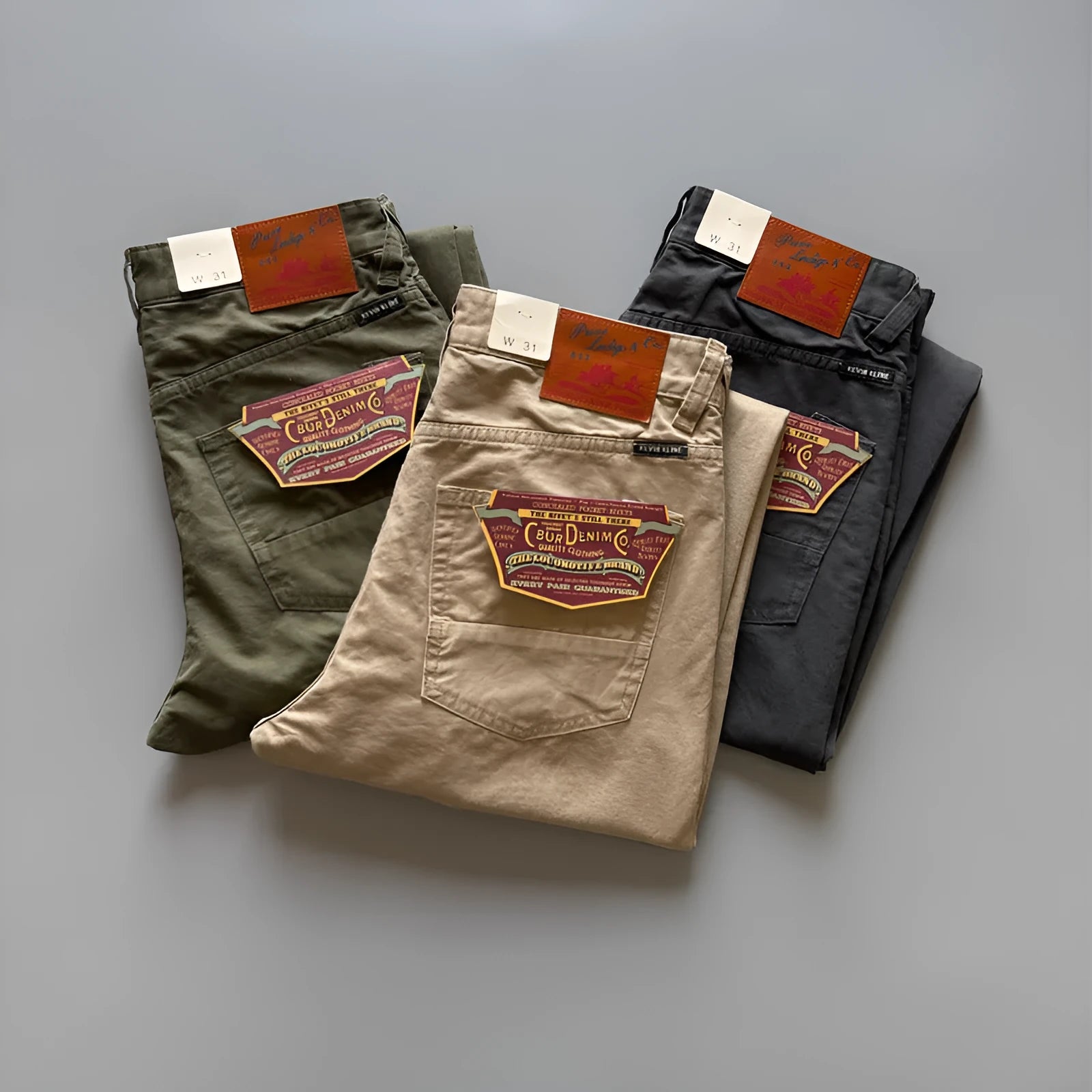 Men's grey cotton straight leg casual trousers laid flat showing mid waist and straight cut.