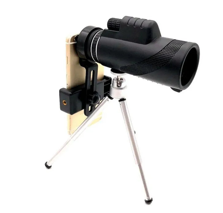 Black monocular telescope with 60mm lens for smartphones showing 40x magnification and waterproof design