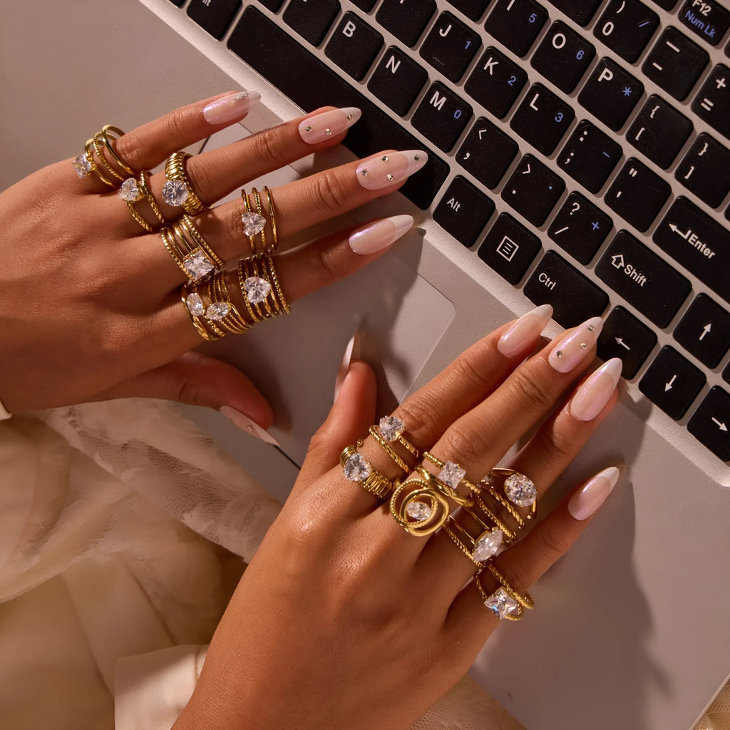 Geometric gold-electroplated stainless steel women's ring with zircon inlays and open mouth adjustable design