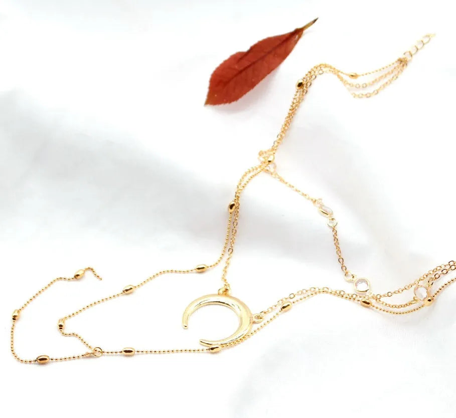 Fashion multilayer crescent moon choker necklace with bead chain and initial pendant in gold colour