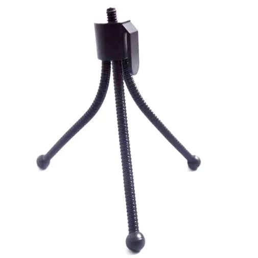 Small black iron frame mini tripod with telescopic legs extended, showing universal ball head mount.