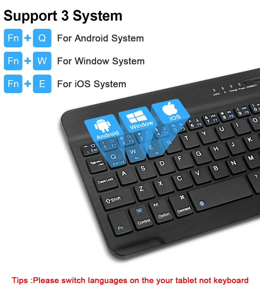 Compact black or white mini Bluetooth wireless keyboard for tablets with a 10-metre range.