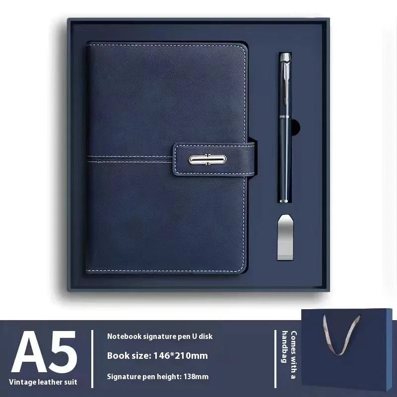 A5 notebook with PU leather cover in one of six colour options, showing wood-free paper inside.