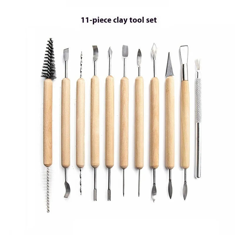 11-piece clay pottery tool set with wooden handles and stainless steel blades