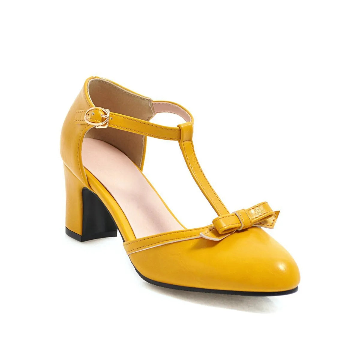 Women's chunky heel sandals with bow tie detail and adjustable buckle strap in apricot colour