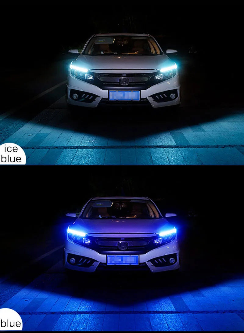 Slim silicone car LED strip for daytime running lights and flowing turn signals on a vehicle headlight.