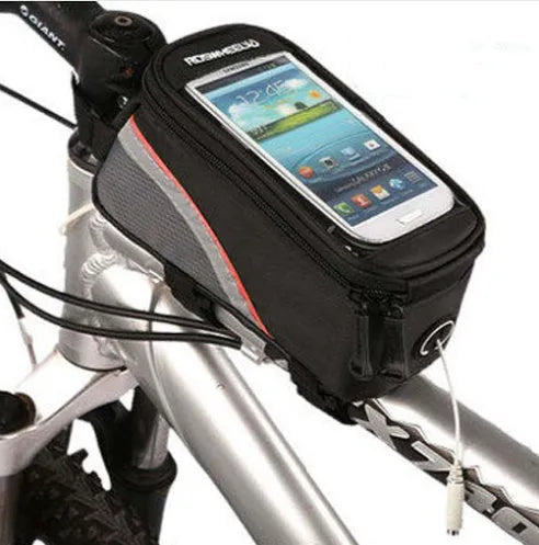 ROSWHEEL PVC bicycle frame bag for iPhone mounted on a bike frame, shown in red colour.