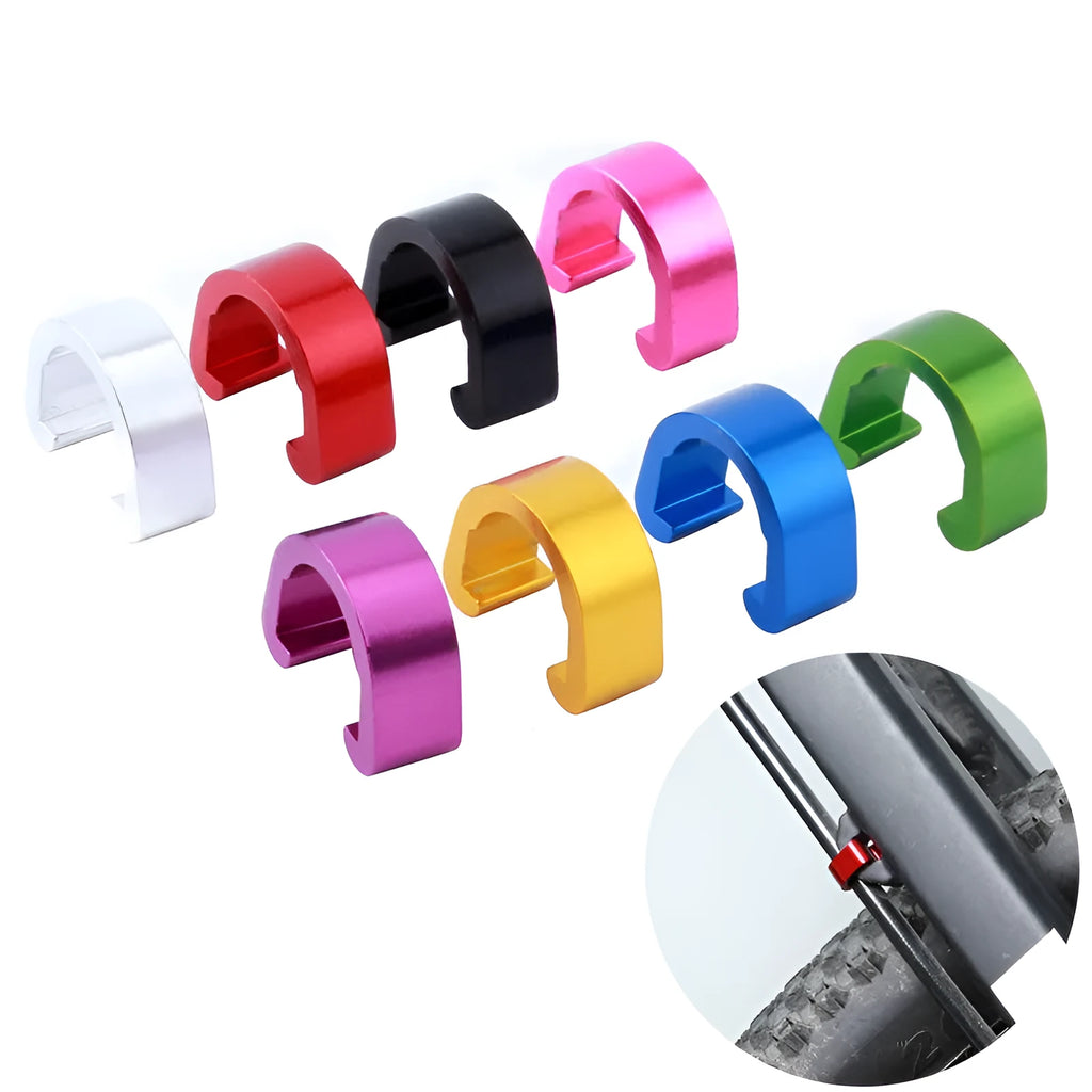 Pack of 10 small aluminium alloy C-buckles in assorted colours on a white background.