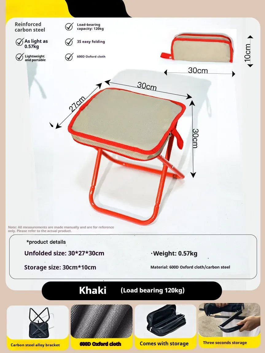 Folding camp chair stool in Oxford cloth fabric showing pencil box design and colour options