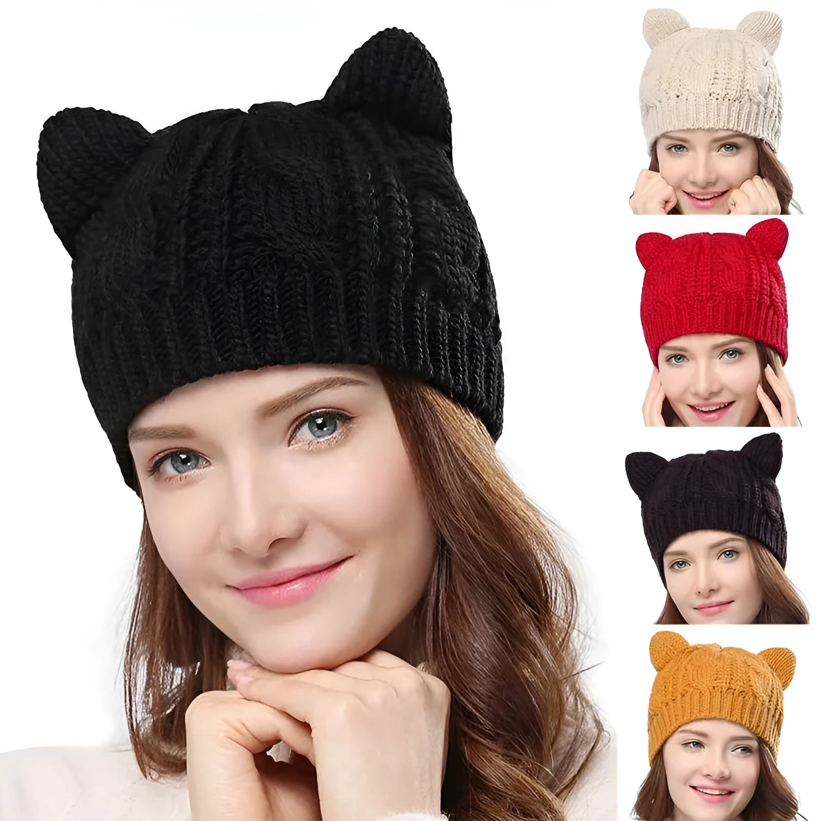 Hand made knitted cat ear winter beanie in five colours: red, black, beige, coffee, yellow.