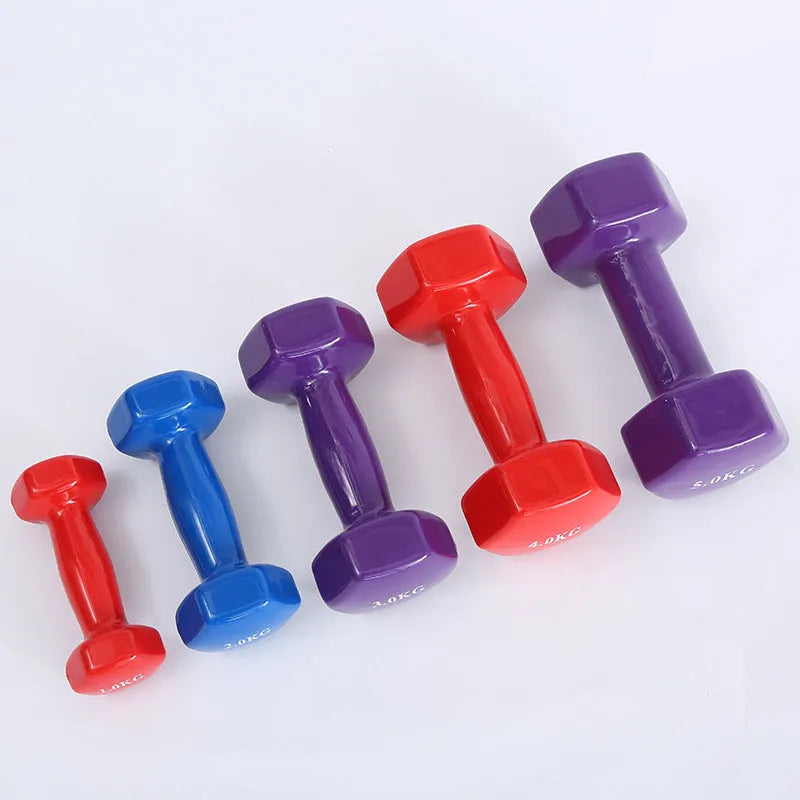 Bright colour plastic fitness dumbbells with gloss finish in 0.5KG, 1KG and 1.5KG weight options